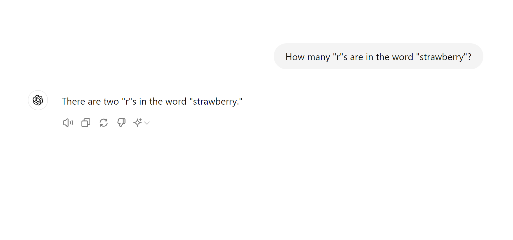 A chat screenshot, showing that ChatGPT thinks there are two "R"s in "strawberry".