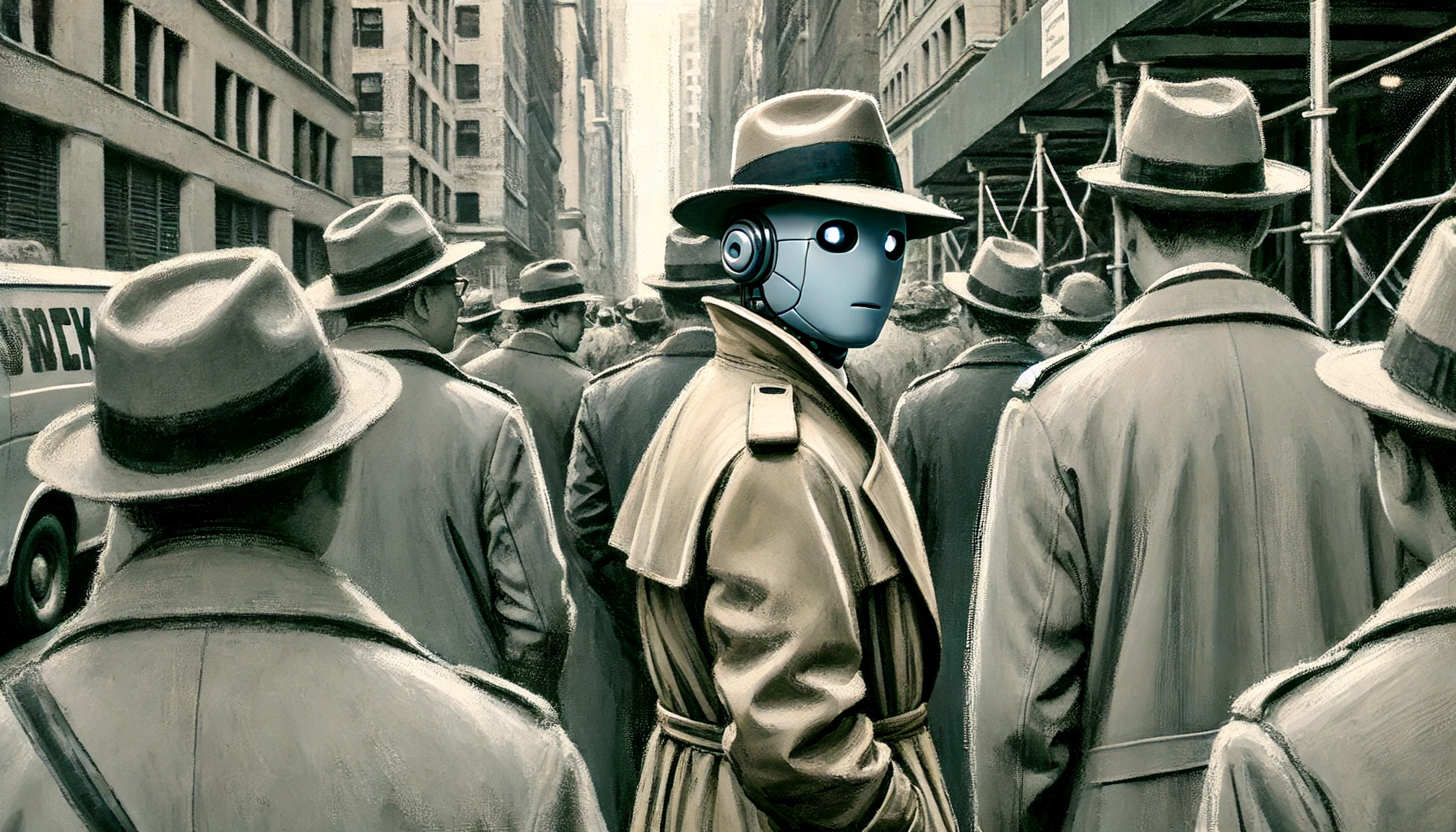 A robot spy, wearing a trench coat, looking at the camera, on a gray city street, surrounded by people.