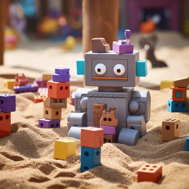 A baby robot playing with blocks in a sandbox at the park. (Generated by Midjourney)