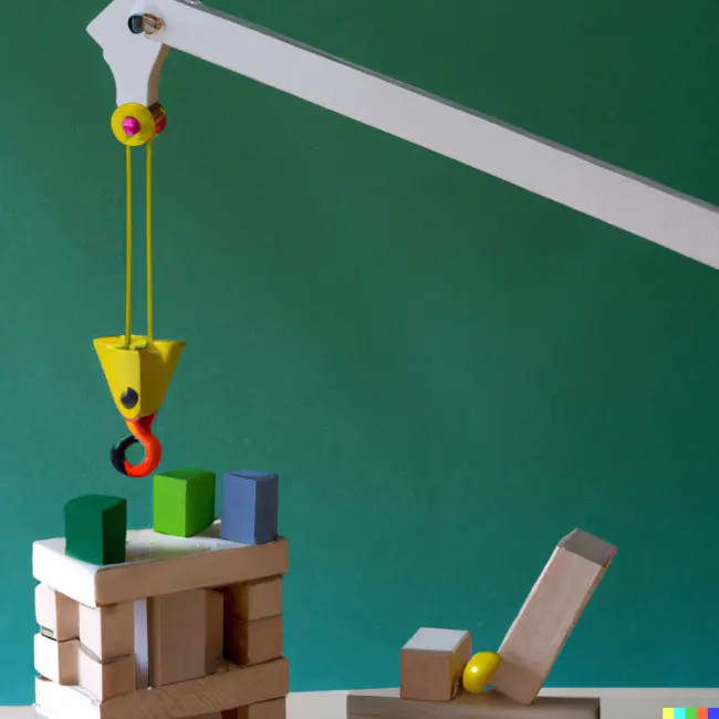 An image of toy blocks being assembled into a tower by a little crane, generated by DALL-E.