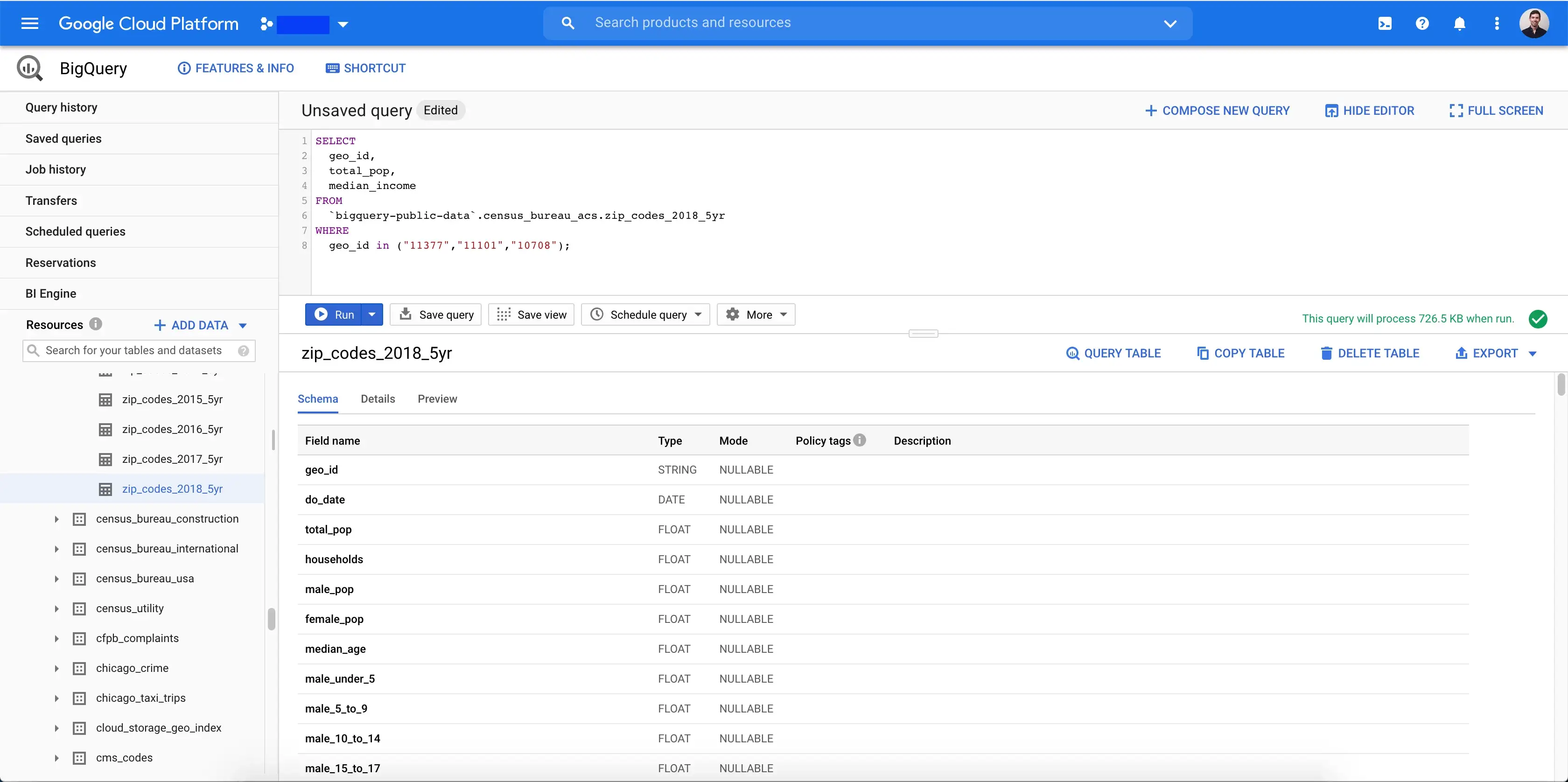 Screenshot of the BigQuery UI