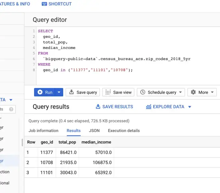 Viewing query results in the BigQuery UI