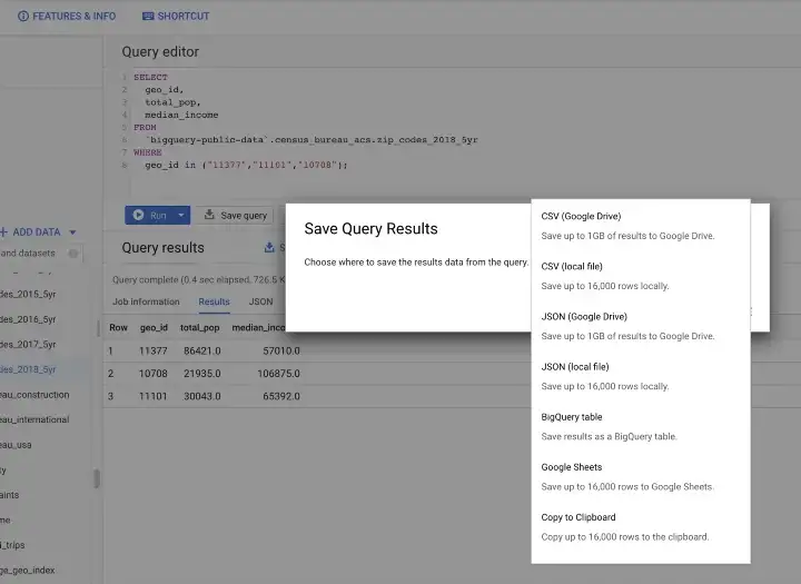 Screenshot showing export options for BigQuery results