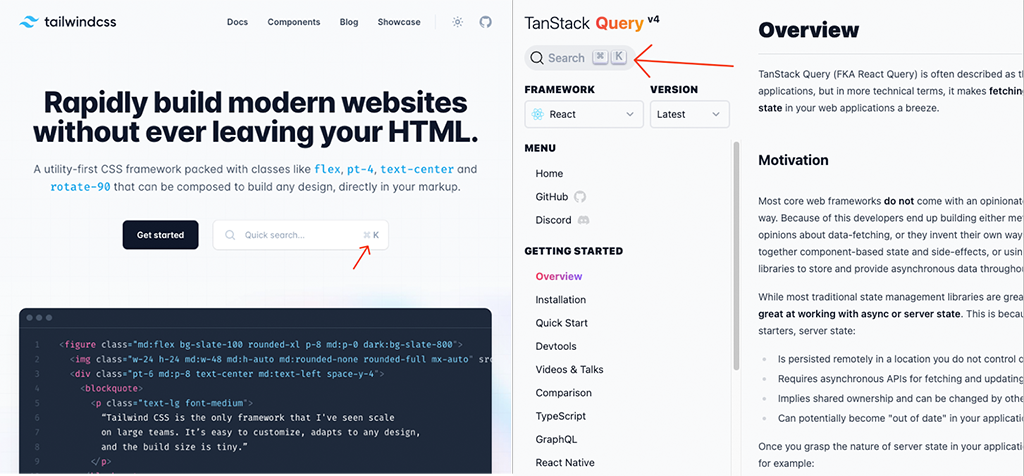 Screenshots from the TailwindCSS and TanStack Query doc sites showing the hotkey "Cmd + K" used for opening search.