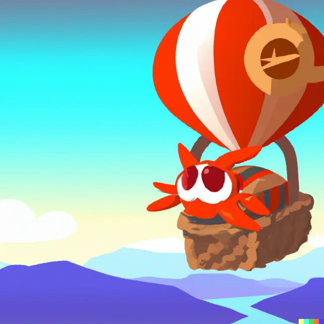 DALL-E 2's take on Ferris the crab (Rust's mascot) in a hot air baloon (Fly.io's logo)