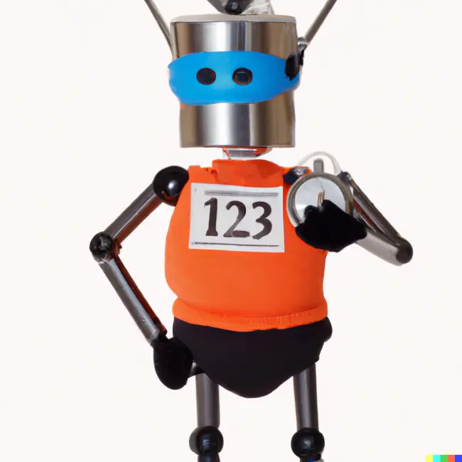 An image of a robot holding a stop-watch, generated by DALL-E.
