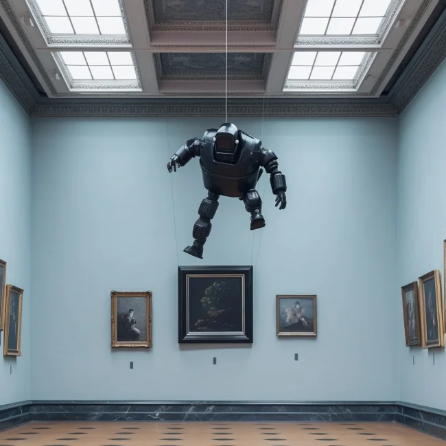 A robot art thief repelling down from the ceiling into an art gallery