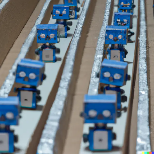 An image of toy robots on an assembly line, generated by DALL-E.