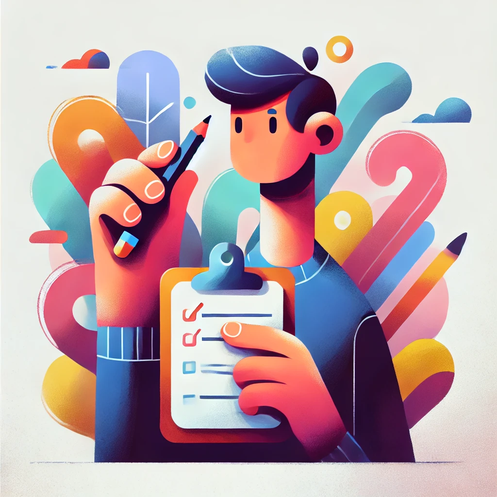 An abstract digital illustration of a man holding a clipboard and a pencil.